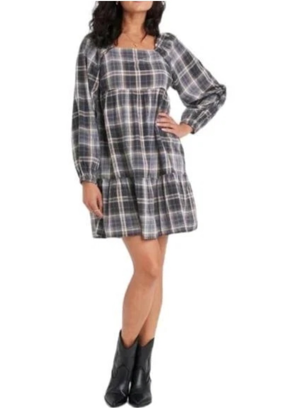 Universal Thread long-sleeve plaid tiered babydoll mini dress Size XXL